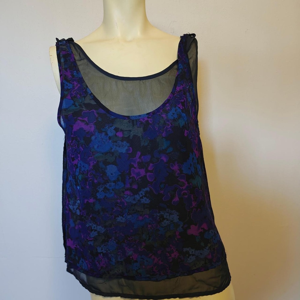 Sparkle & Fade Purple Floral Sheer Tank Top Black Mesh Trim Bow Womens S